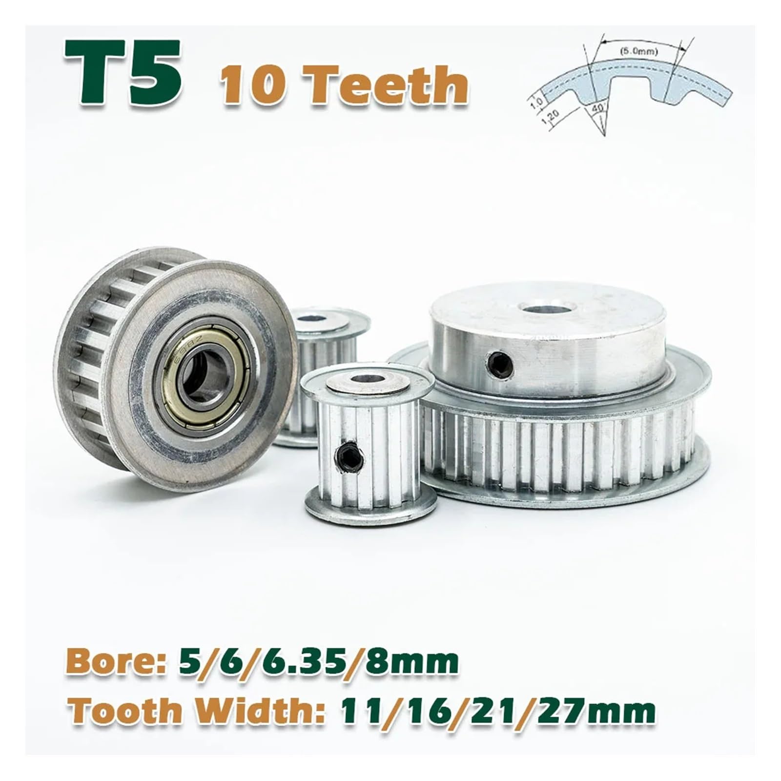 1/2/5/10 Uds T5 10 dientes AF diámetro de la polea de sincronización 5~8mm 10T ancho de los dientes 11~27mm transmisión CNC 10 dientes paso de la rueda motriz 5mm(5mm,2pcs,21mm)