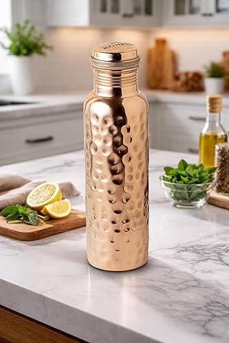 Miniatura 8 de Botella de agua 100% cobre, diseño de acabado martillado, (34 onzas/33.8 fl oz), botella de cobre ayurvédica para agua potable con beneficios