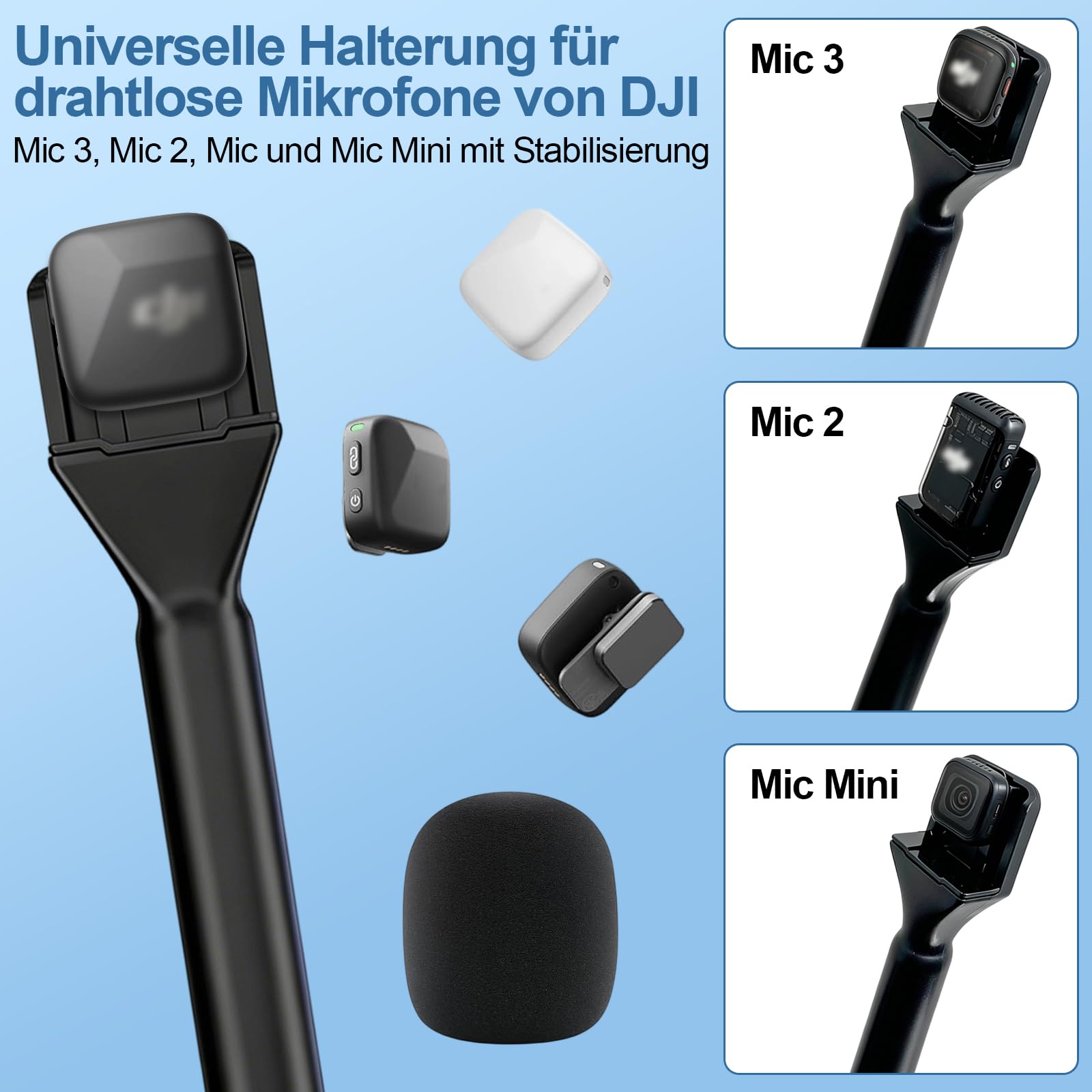 Adaptateur de microphone à main pour DJI Mic Mini - Avec protection anti-pop - Poignée pour interview sans fil - Microphone Lavalier pour Osmo Pocket 3/Hollyland Lark M1/Synco Boya