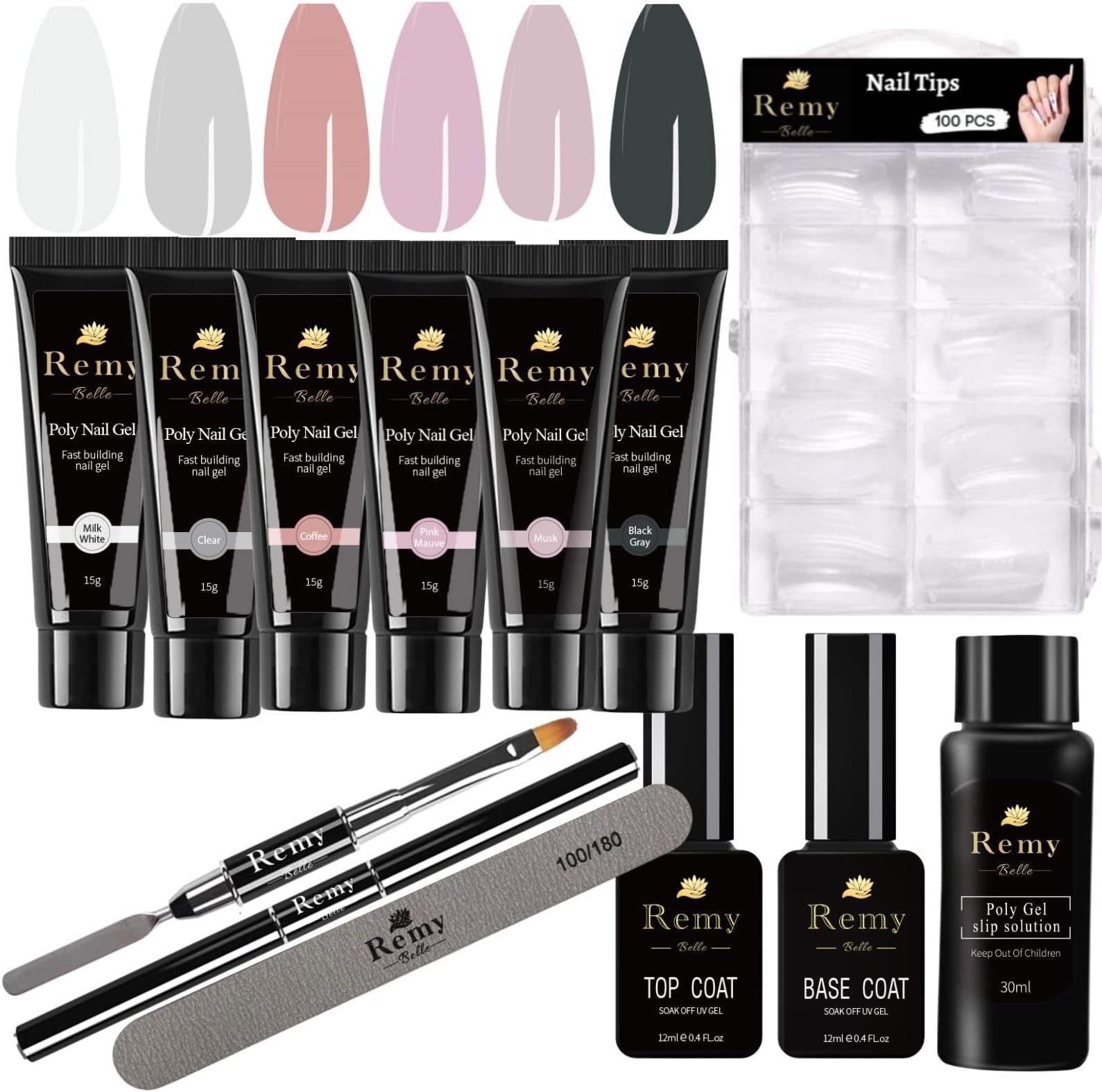 Remy BellePoly Nail Gel Acrylic Kit - 6 Colors with Slip Solution top base coat All One Kit for Nail Manicure DIY at Home (Nude)