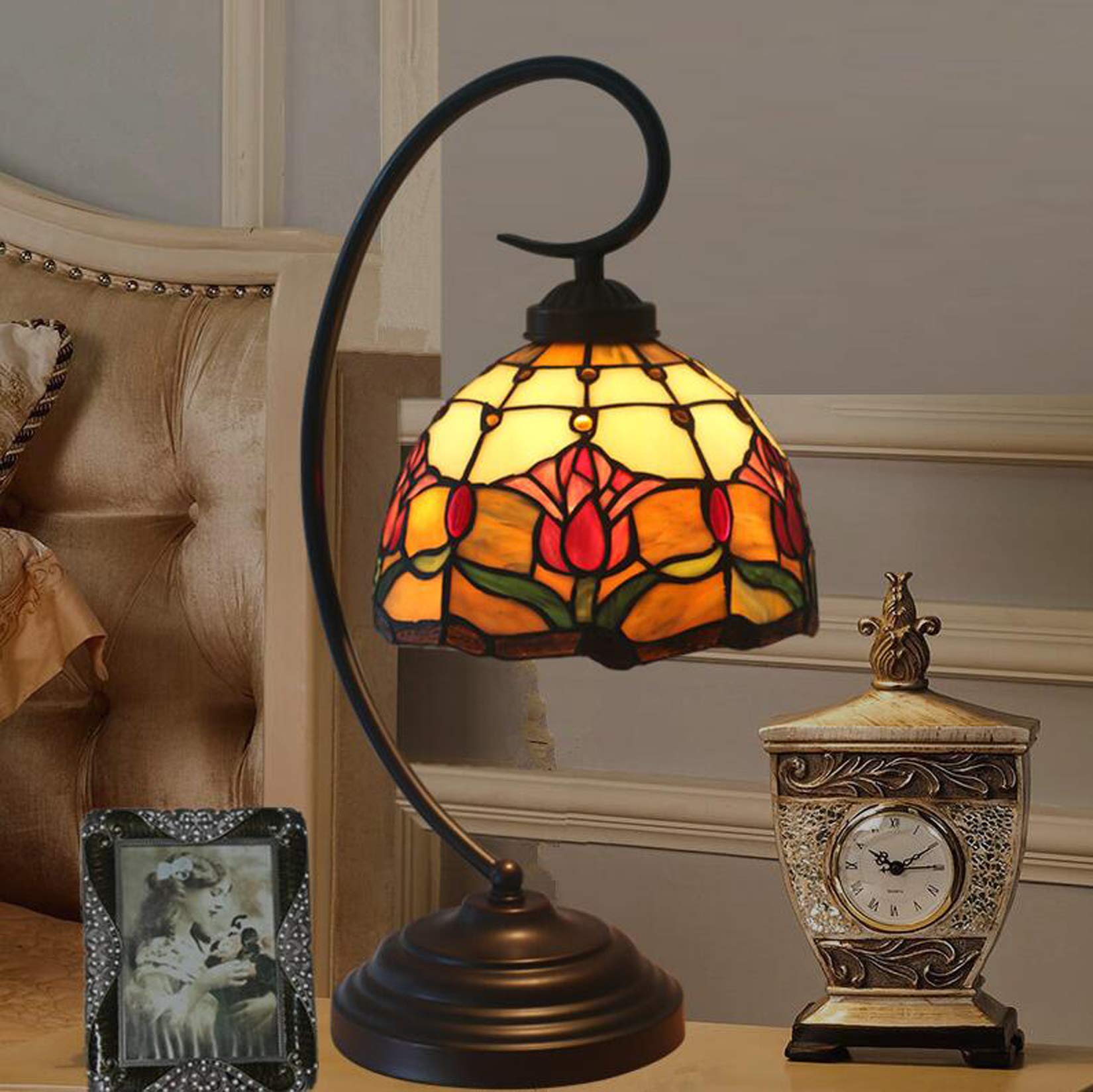 ハンドメイド ステンドグラス　ティファニーランプ　チューリップ ティファニーランプ・チューリップ 14インチ : ステンドグラス七色