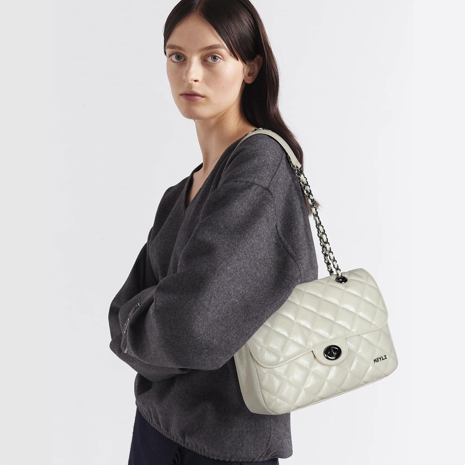 Keyli Hobo Bag for Women Fashion Casual Crossbody Purses and Handbags Waterproof Leather Shoulder Bag Satchel Shopping Bag with Chain Strap White