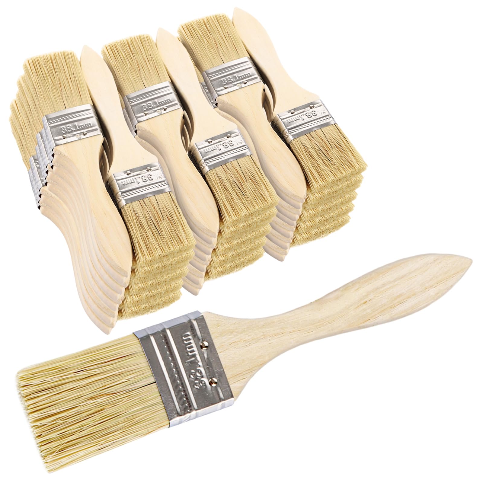 CYEER Lot de 50 Pinceaux Plats 38mm (1,5 Pouces) - Pinceaux à Peindre en Soies Naturelles avec Manche en Bois Ergonomique - Idéal pour Peinture, Vernis, Lasure, Colle - Bricolage, Meubles et Clôtures