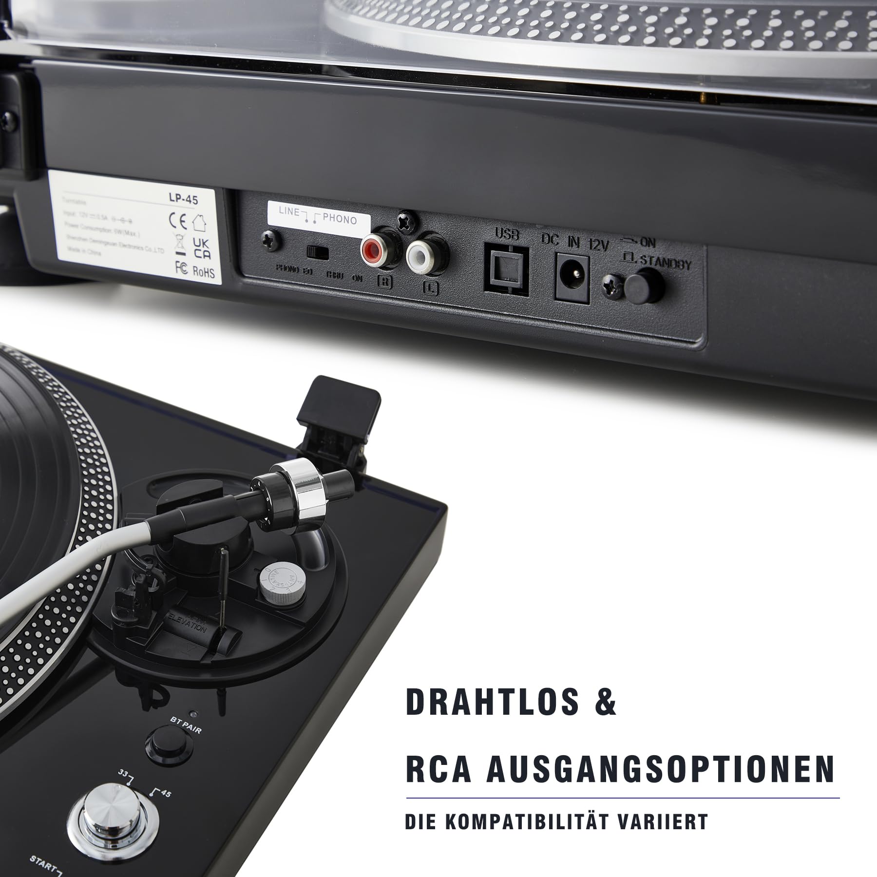 Hi-Fi Riemenantrieb Plattenspieler mit Premium-Tonabnehmer, Pitch-Control ±10%, Auto-Return Tonarm, 33/45 RPM Vinyl Player, Hochglanz Schwarz