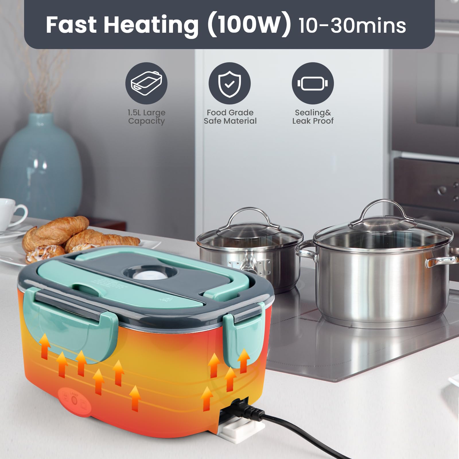 Boîte à déjeuner électrique 100 W, 3 en 1, portable, en acier inoxydable, 1,5 l, boîte à pain amovible, 12 V/24 V/220 V, pour voiture, camion, bureau (bleu et vert, 1,5 l)