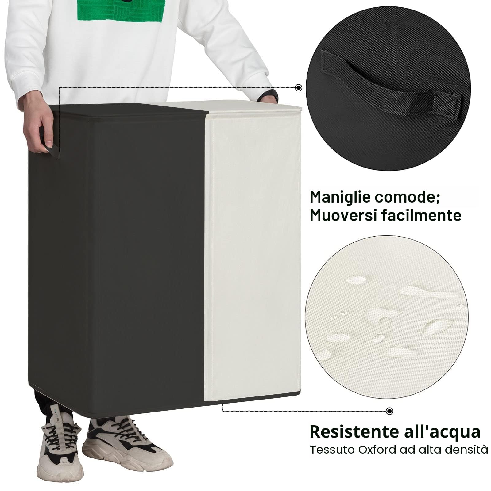 WOWLIVE Cesto portabiancheria doppio da 154 litri con coperchio, grande cesto per la biancheria da letto e sacchetti per la biancheria da letto pieghevole, lavanderia, armadio (nero+beige)