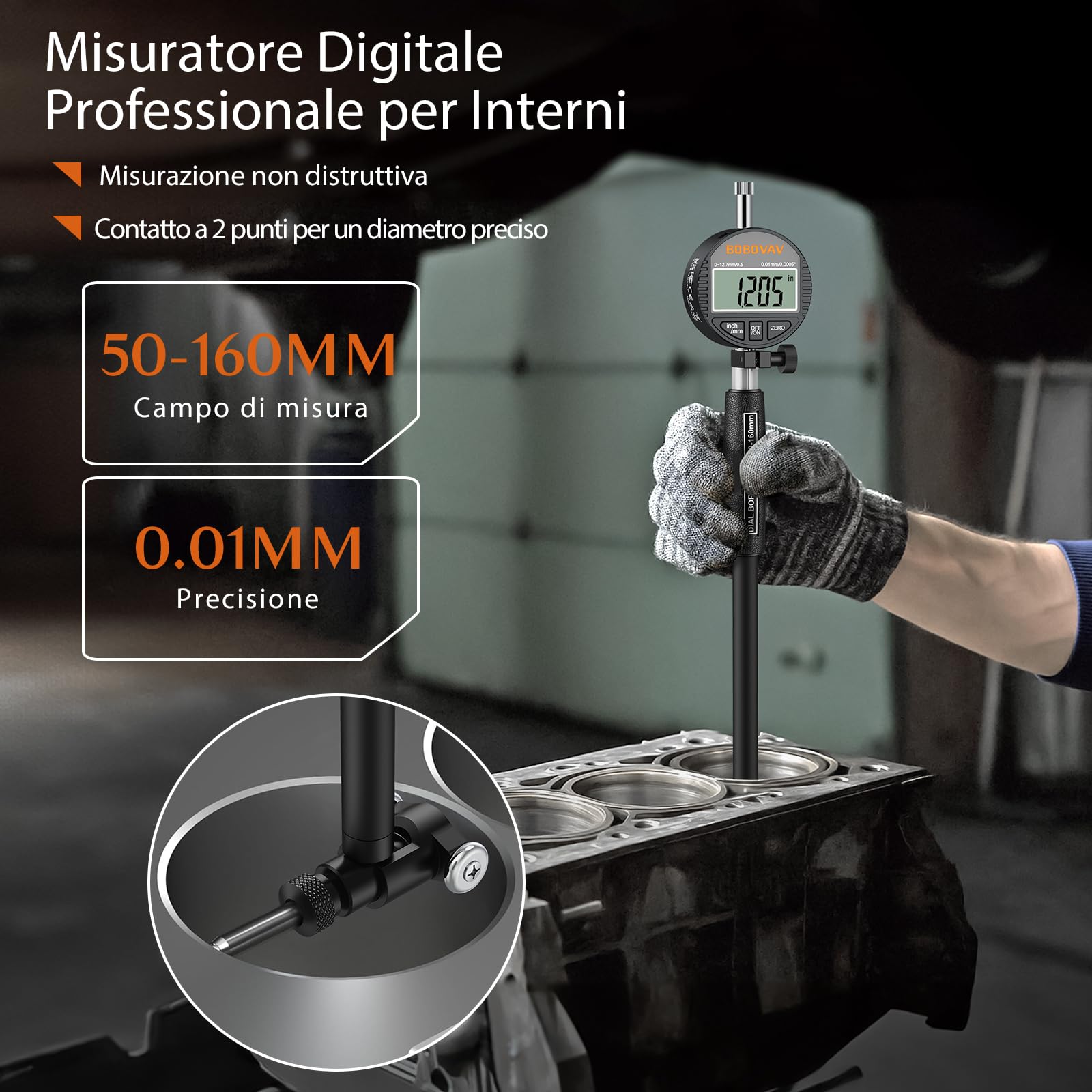 Alesametro Digitale 50-160mm/ 2-6"con Indicatore Digitale 0,01mm/ 0.0005"di Precisione, 12 Testine di Misurazione,Profondità 150mm,Set Comparatore Diametro Interno,Metrico/Pollici