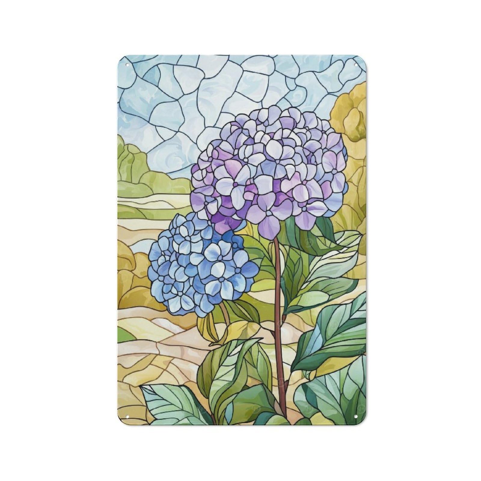 Junmoney Stained Glass Hydrangeas Retro Tin Sign 30X20cm For Workshop Wall, For Home Interiors And Metal Sign Collectors