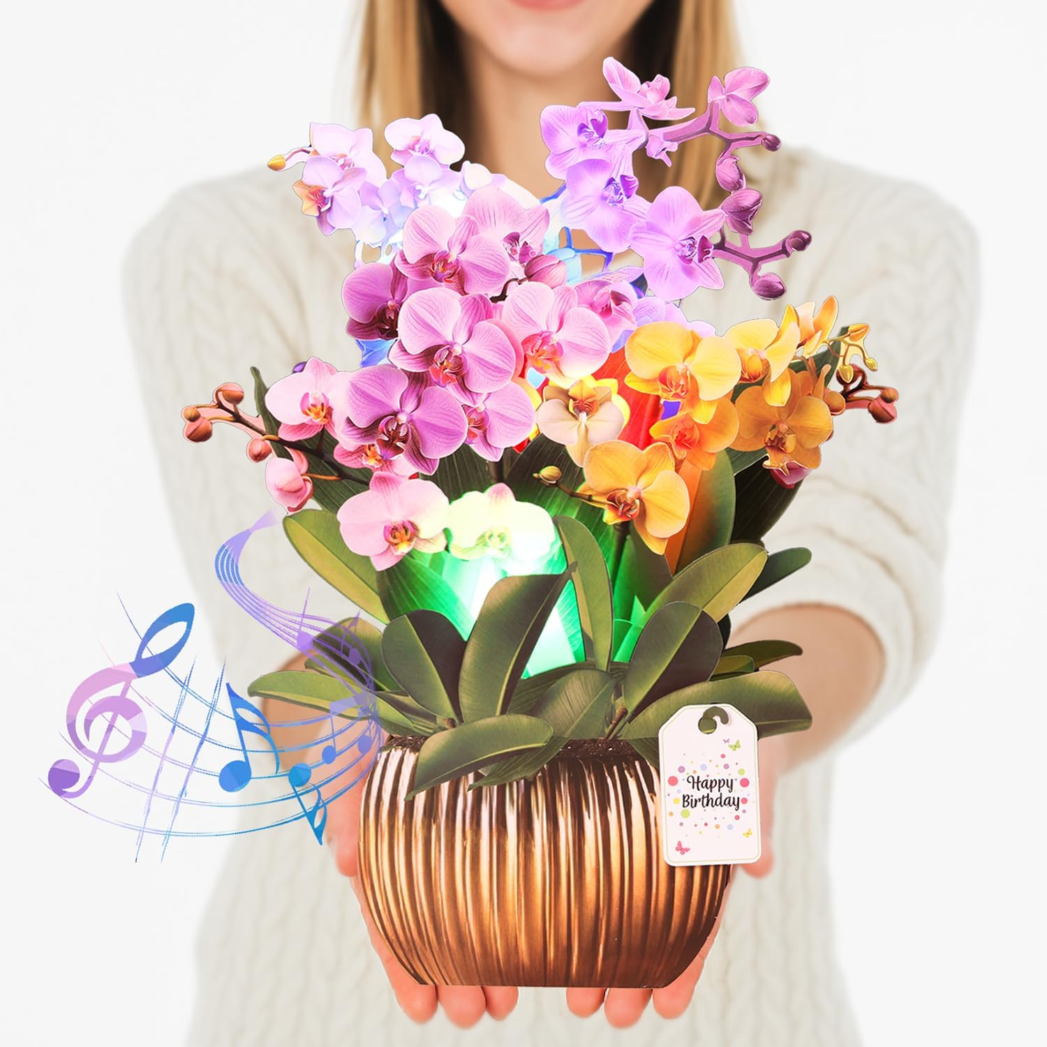 CUISH Pop Up Birthday Card with Music and Lights Life Sized 3D Paper Flower Bouquet – Greeting Card for Women, Mom, Wife, Daughter, Grandma – Birthday Gift with Envelope -Orchid — image 1