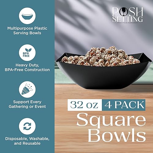 Miniatura 2 de Posh Setting - Tazones de plástico negro para servir (32 onzas  4 unidades) cuadrados, desechables, ensaladas y frutas para mesa de fiesta,