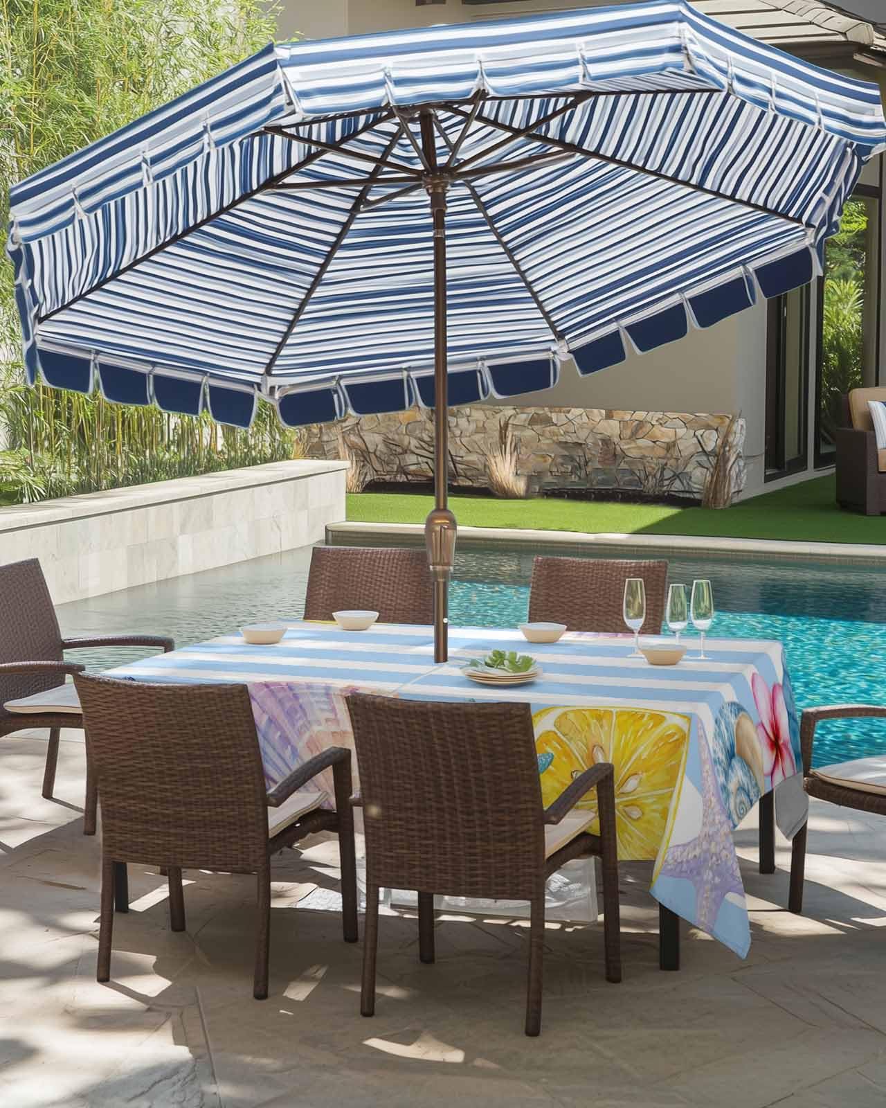 60x120 Inch Outdoor Tablecloth with Umbrella Hole Zipper Rectangle Summer Ocean Rectangular Tablecloths Outside Waterproof Seafish Shell Flowers Lemon Blue Stripes Patio Table Cover for Picnic Party : Home & Kitchen