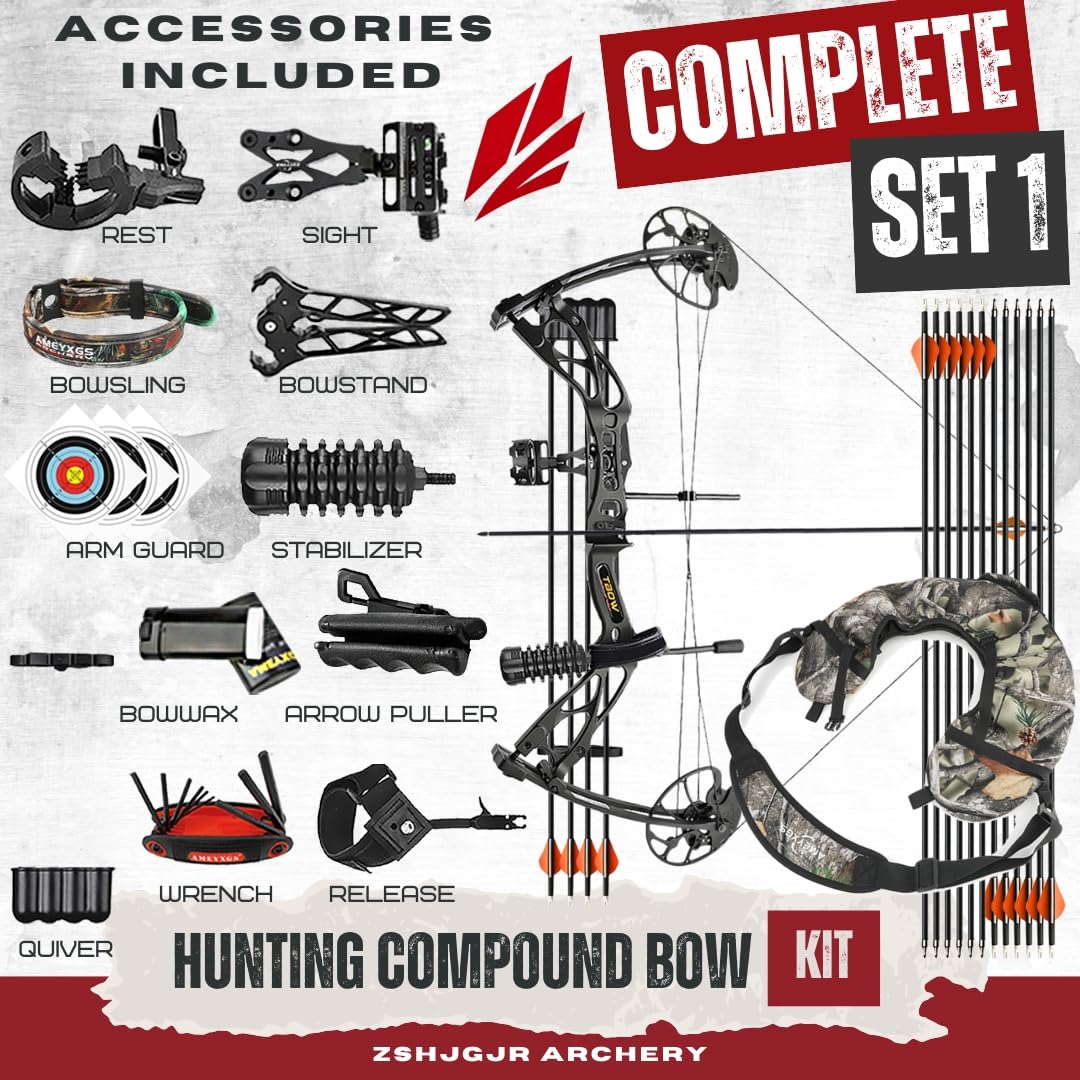 Compoundbogen Set 0-70lbs Verstellbarer Rechtshänder Bogen - 325 FPS IBO Geschwindigkeit - Komplettes Archery-Set mit Pfeilen, Koffer und Zubehör