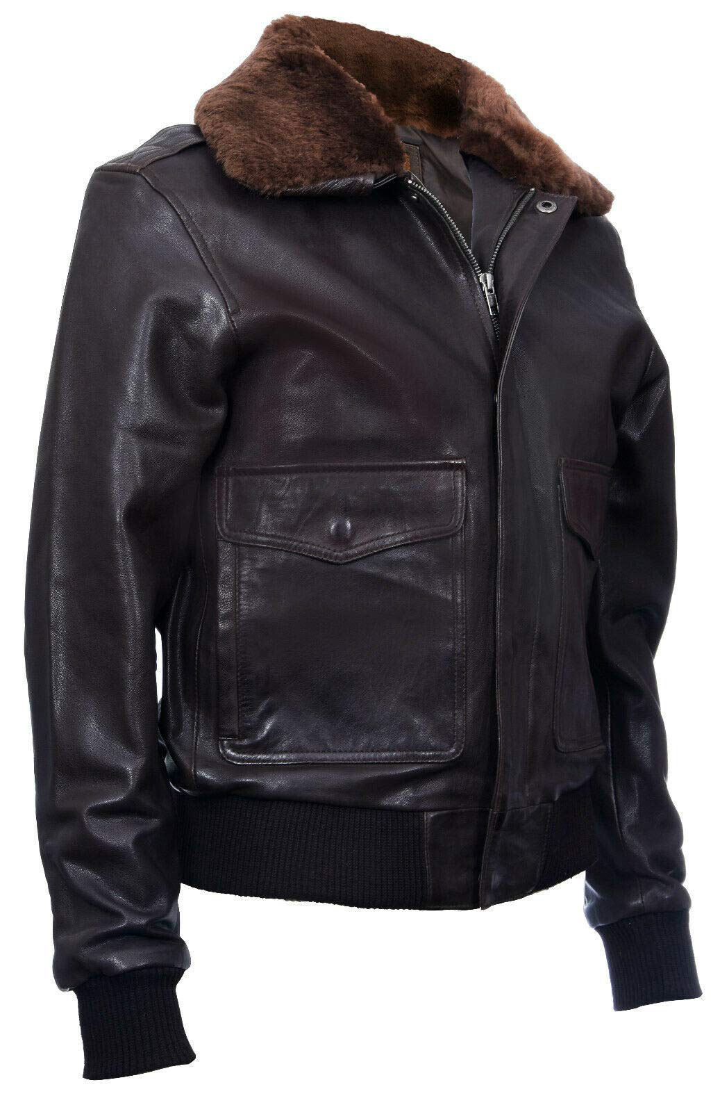 Infinity Leather Chaqueta de Bombardero de Piel de Oveja A2 de Los Hombres con Cuello de Oveja Desmontable