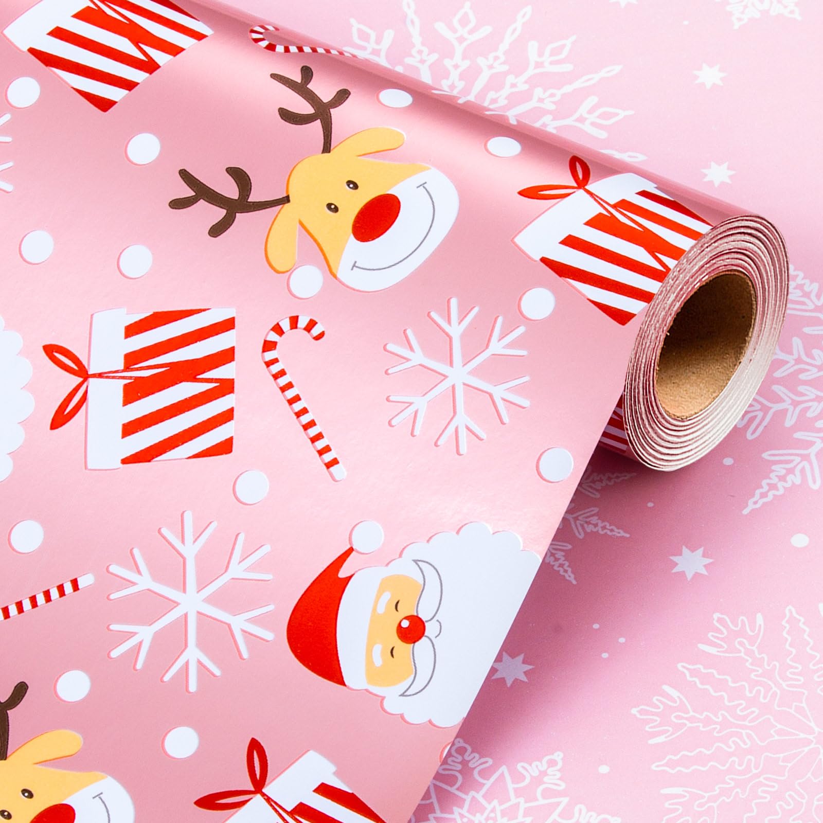 Wikadlik Pink Wrapping Paper Roll - Metallic Shine Reindeer Santa Claus Candy Cane Snowflake Gift Wrap for Christmas Holiday Festive Celebration - 43cm x 10m
