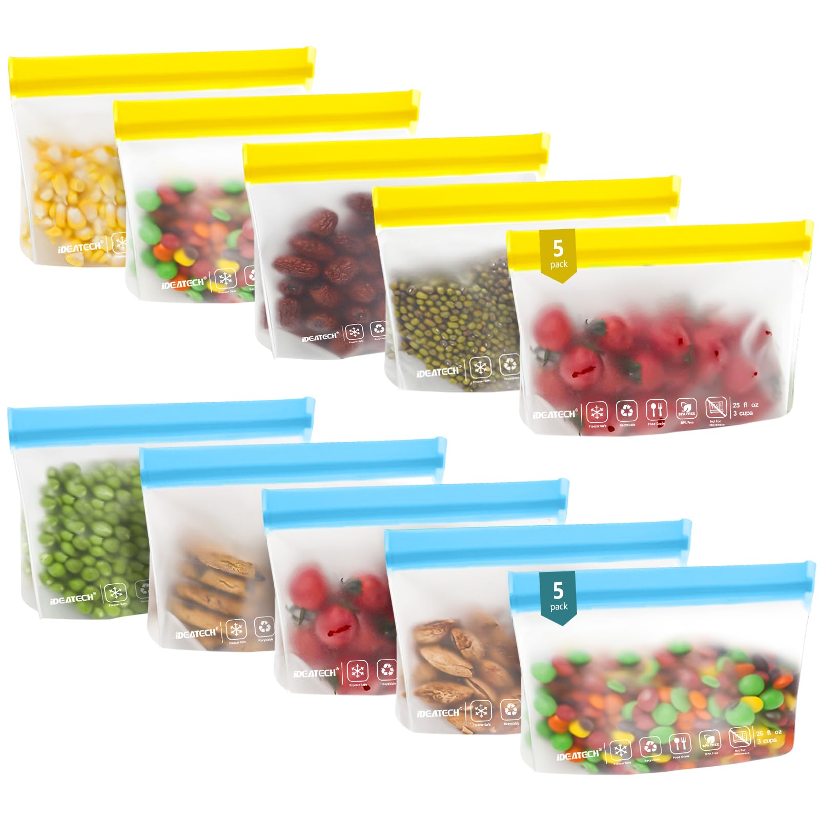IDEATECH10Pack Reusable Snack Bags Dishwasher Safe, Leakproof Reusable Freezer Bags, Reusable Food Storage Bags Silicone, Clear Small Reusable Resealable Bags for Cookies, Candy (10Snack, Colored)