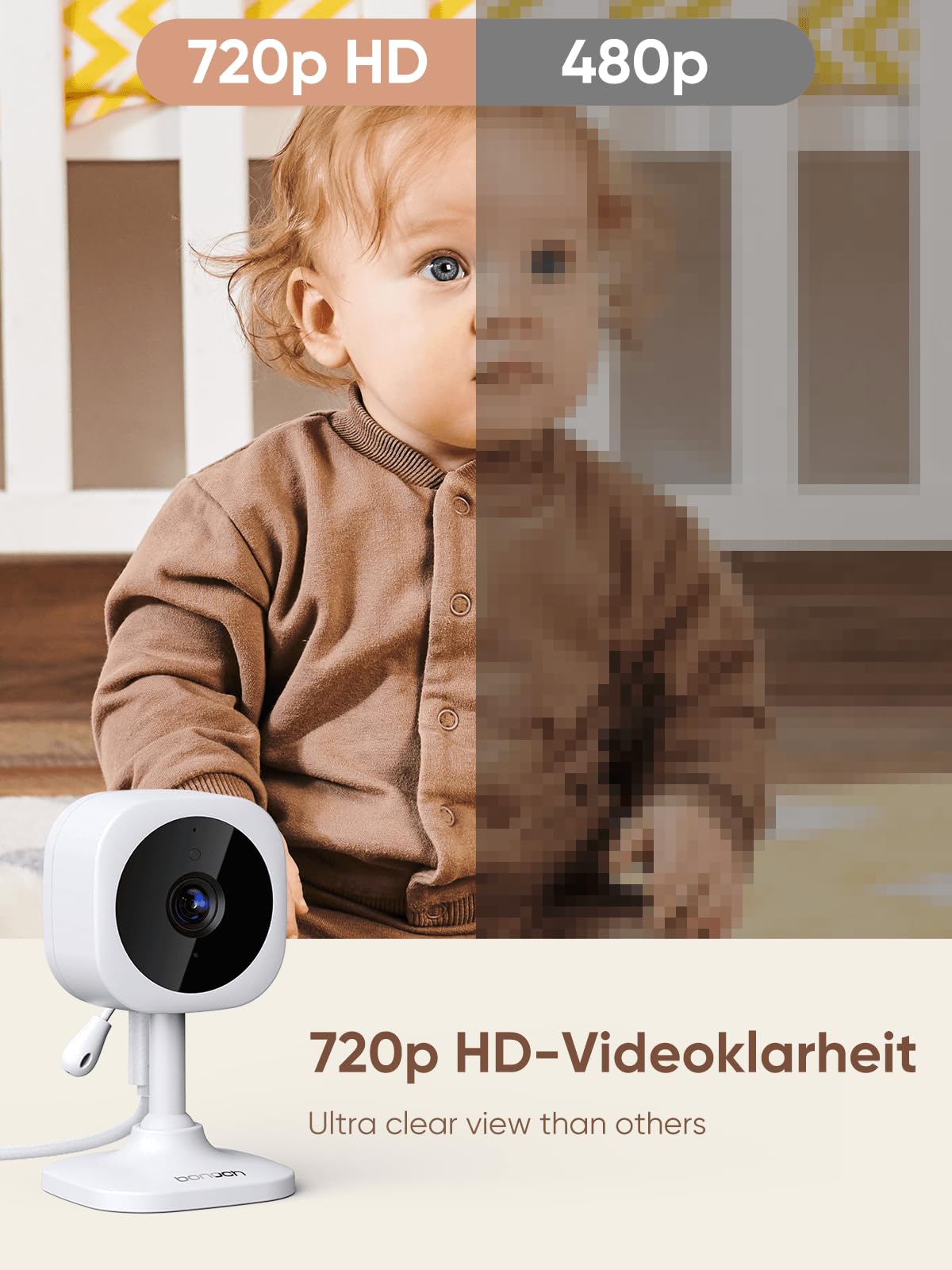 bonoch Babyphone 4,3 pouces avec caméra, 720p, batterie 4000 mAh, sans Wi-Fi, vision nocturne, audio recto-verso, mode VOX, capteur de température, 8 berceuses, zoom x2, x3, x4