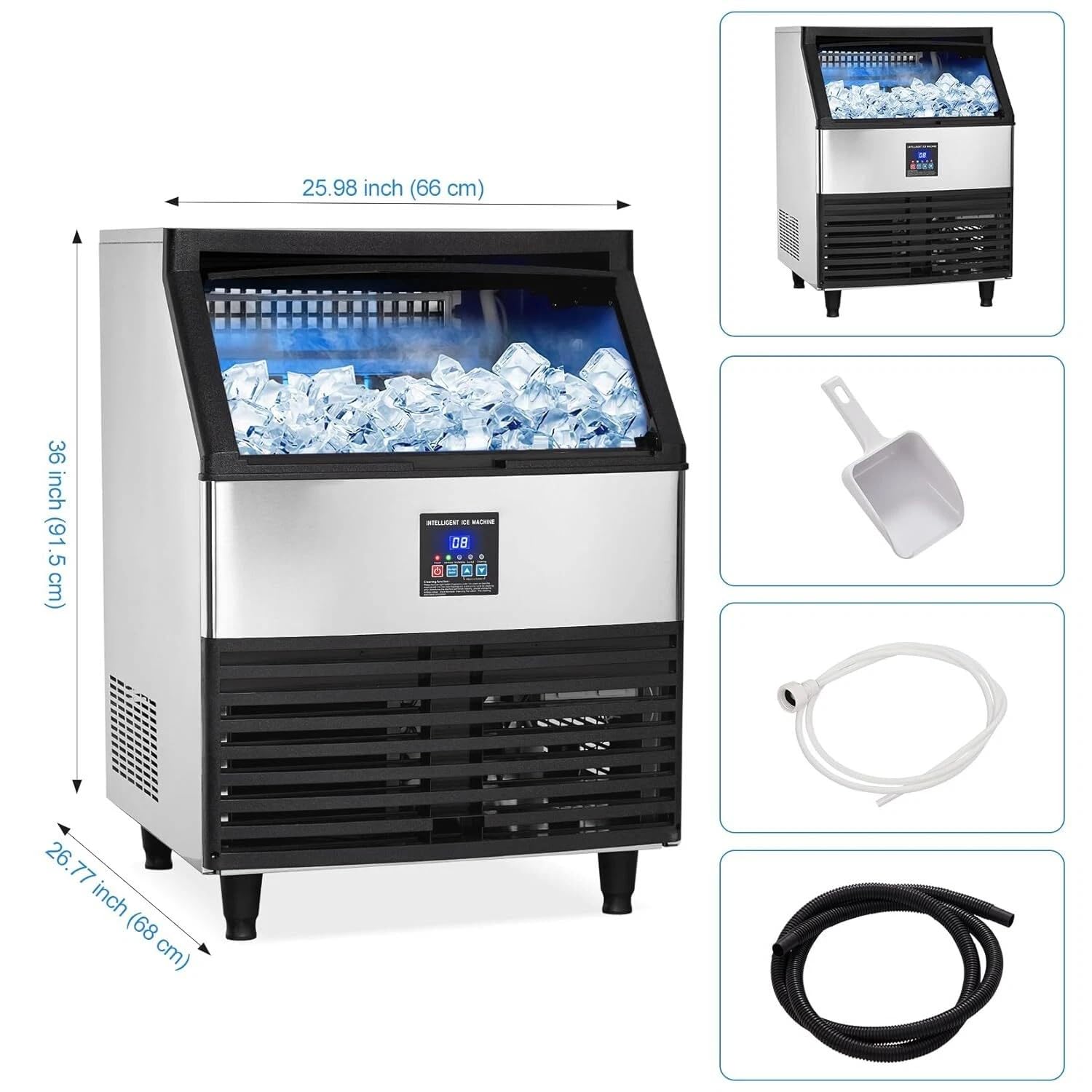 Kommerzielle Eismaschine Eiswürfelmaschine 200 kg/24 Std, Kommerzielle Eiswürfelmaschine Freistehender Eismaschine mit Selbstreinigung & Timer für Hausbars, Gastronomie
