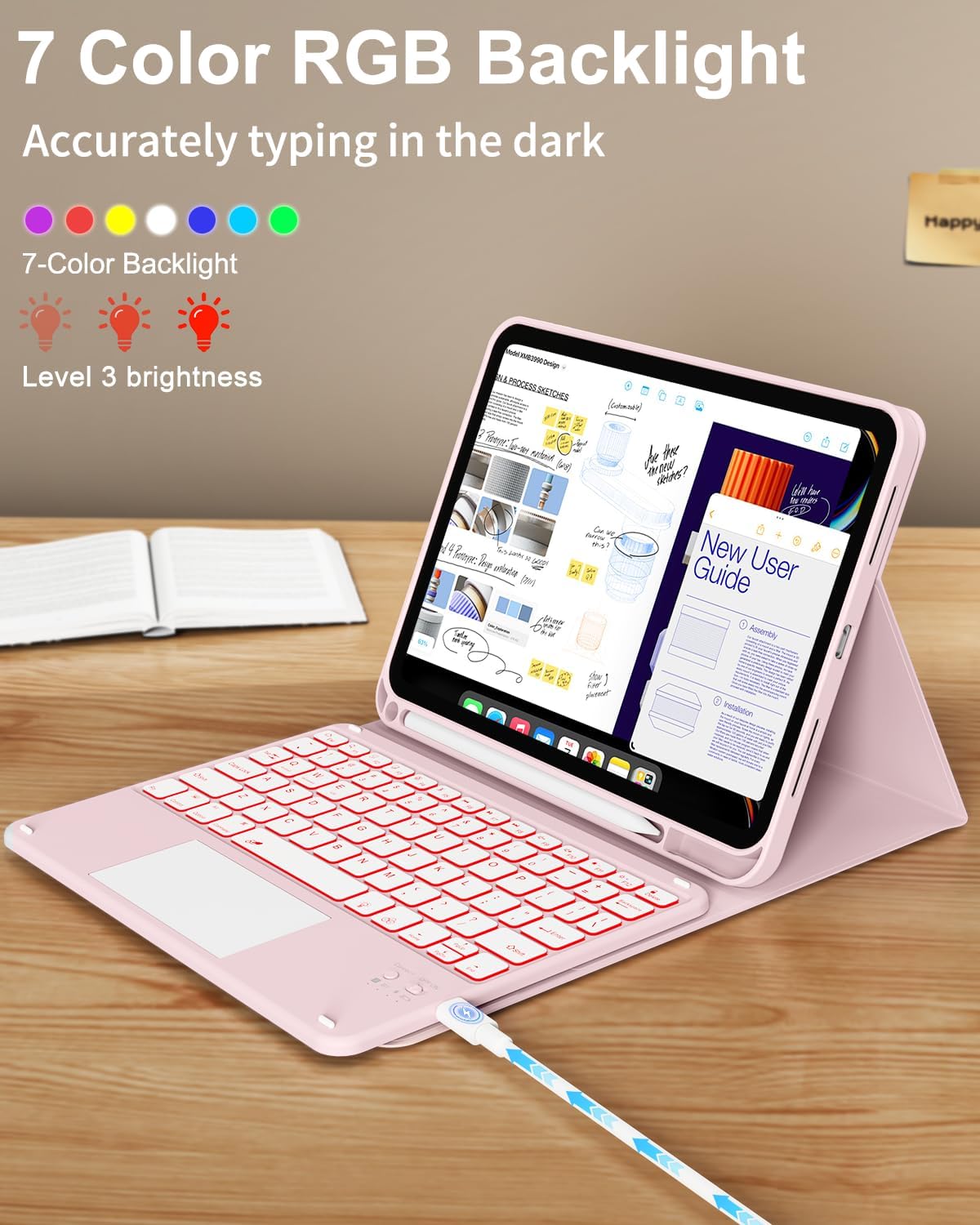 for iPad 11th 10th Generation Case with Keyboard, Folio Cover with Pencil Holder, Multi-Touch Trackpad, 7 Color Backlit, Detachable Keyboard for iPad (A16) 11th/10th Gen, Pink