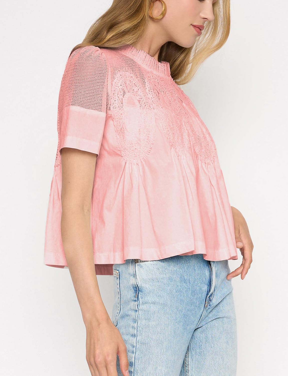 Women's Elegant Babydoll Style Lace Shirt Flared Swing Top with Sheer Mesh Lace Back Tunic Top（pink，l） - Image 2