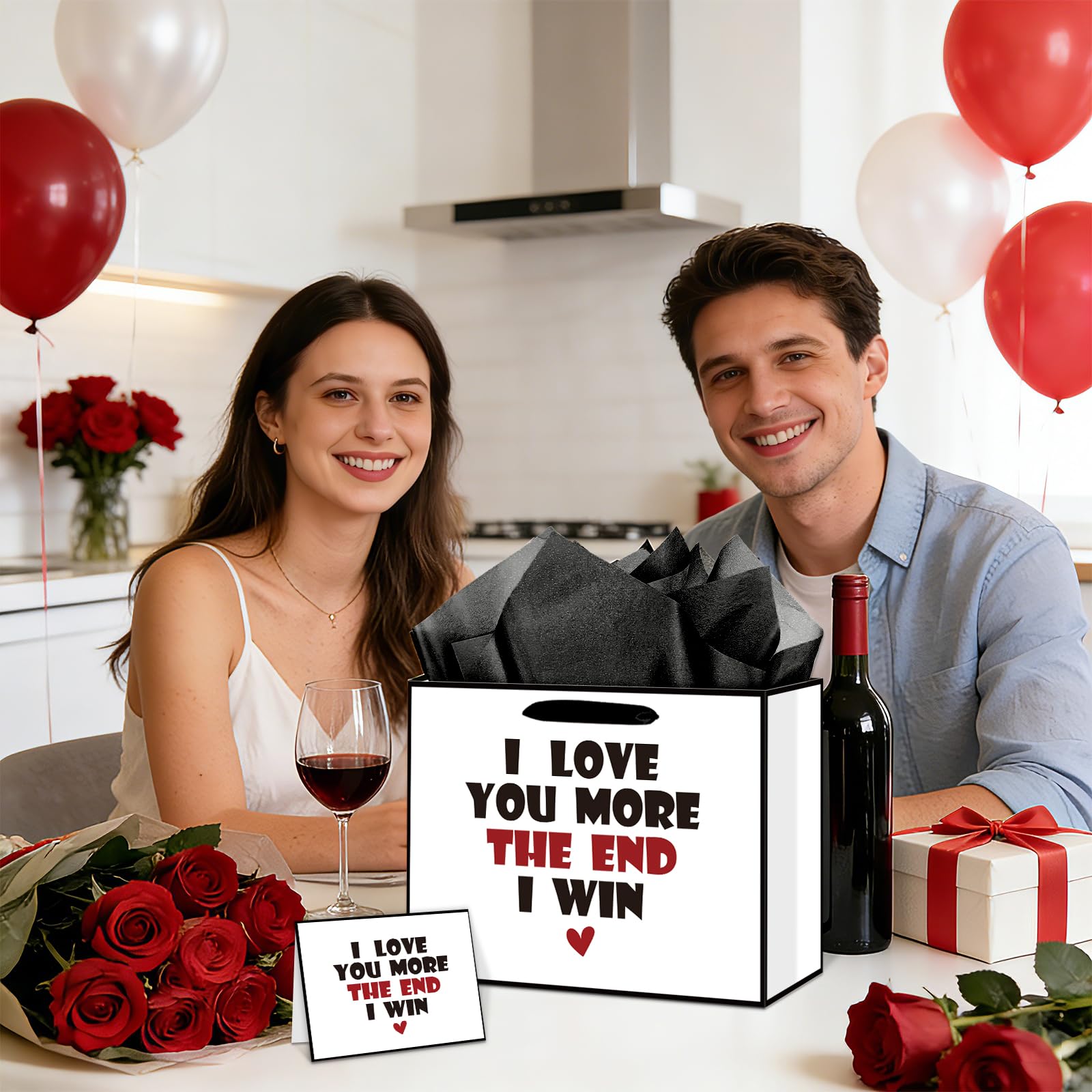 Anniversary Birthday Gift Bag for Him Men Boyfriend Women Funny I Love You More Gift Bags with Wrapping Tissue Paper and Greeting Card Valentines Wedding Bridal Shower Engagement Party Favor Bag