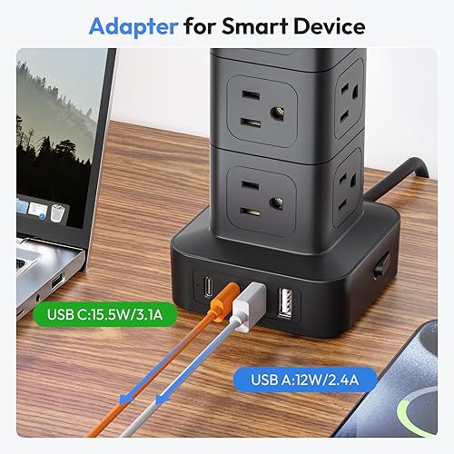 Miniatura 5 de NTONPOWER Torre de regleta compacta con protector de sobretensiones, torre protectora de sobretensiones 1080J, 12 salidas de CA, 4 USB (2 USB C),