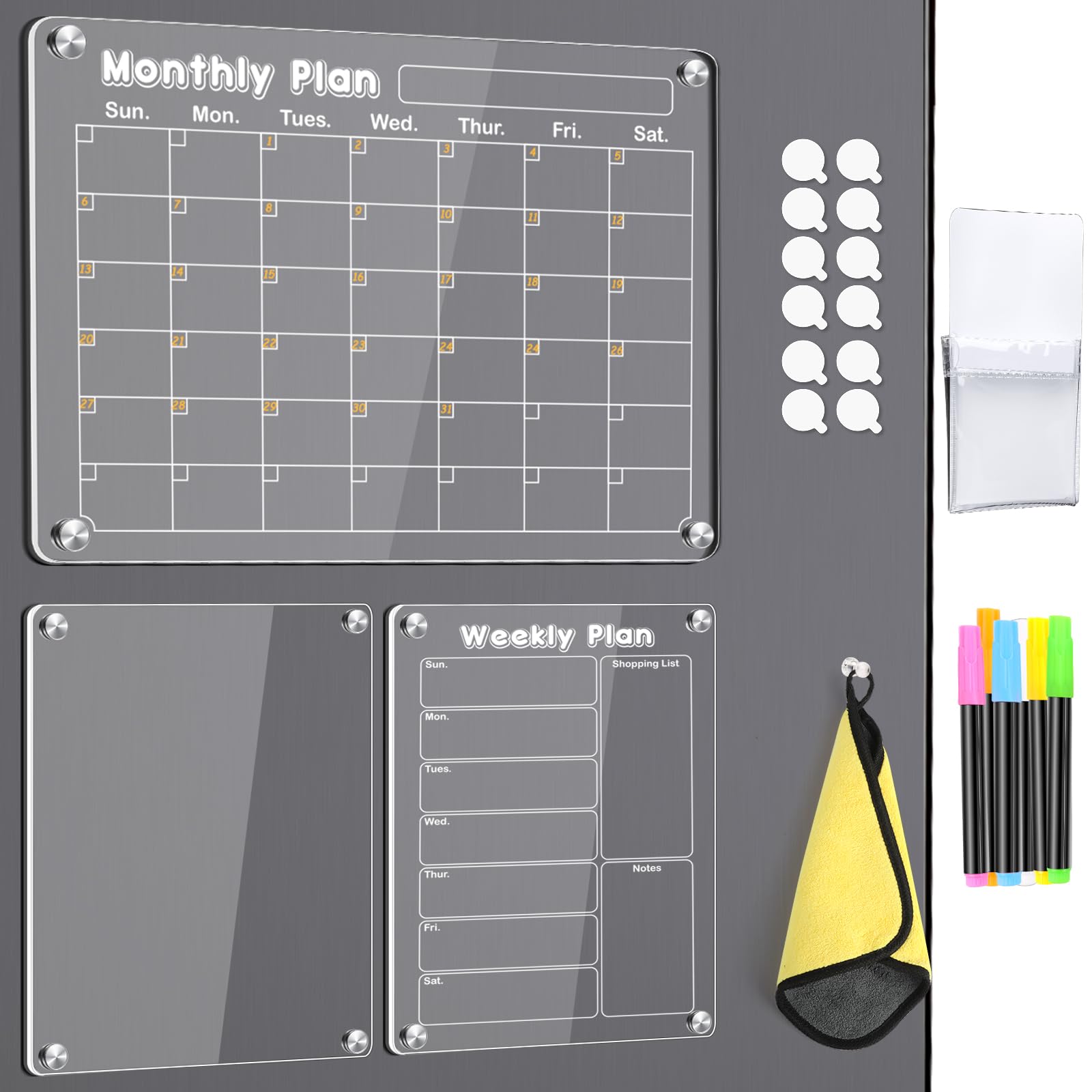 MIKEDE Fridge Calendar, 3 Pack Magnetic Calendar for Refrigerator, Clear Acrylic Dry Erase Board Whiteboard Magnetic Planning Boards Set, Includes 6