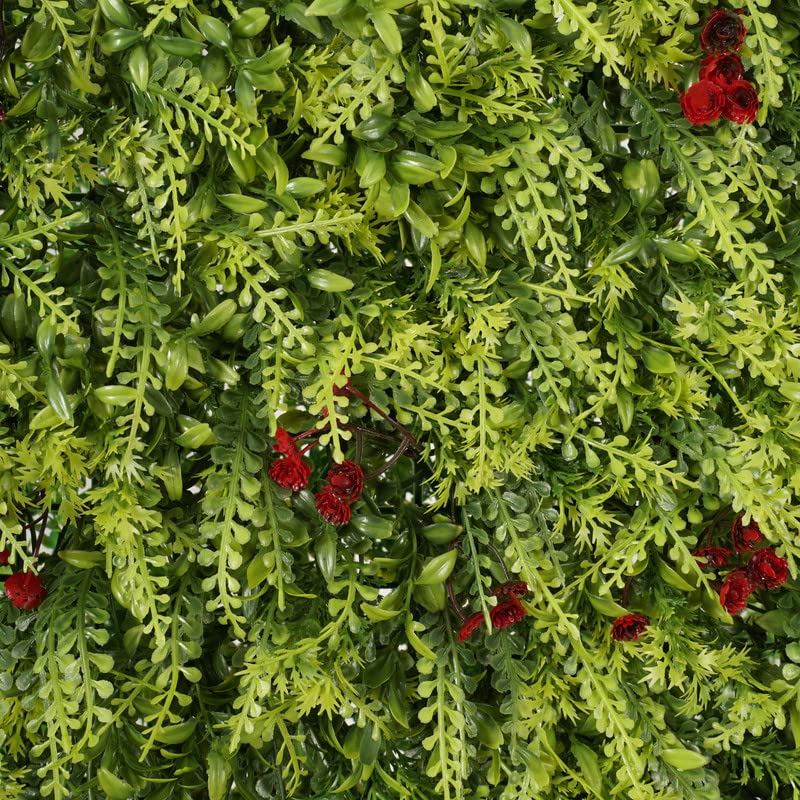 Image of Wall Grass (4 Pcs), Artificial Grass for Wall Decoration, Vertical Garden Artificial Mat, Artificial Grass Tiles for Balcony (Green and Red Flowers, 60cm x 40cm x 8cm, Pack of 4)