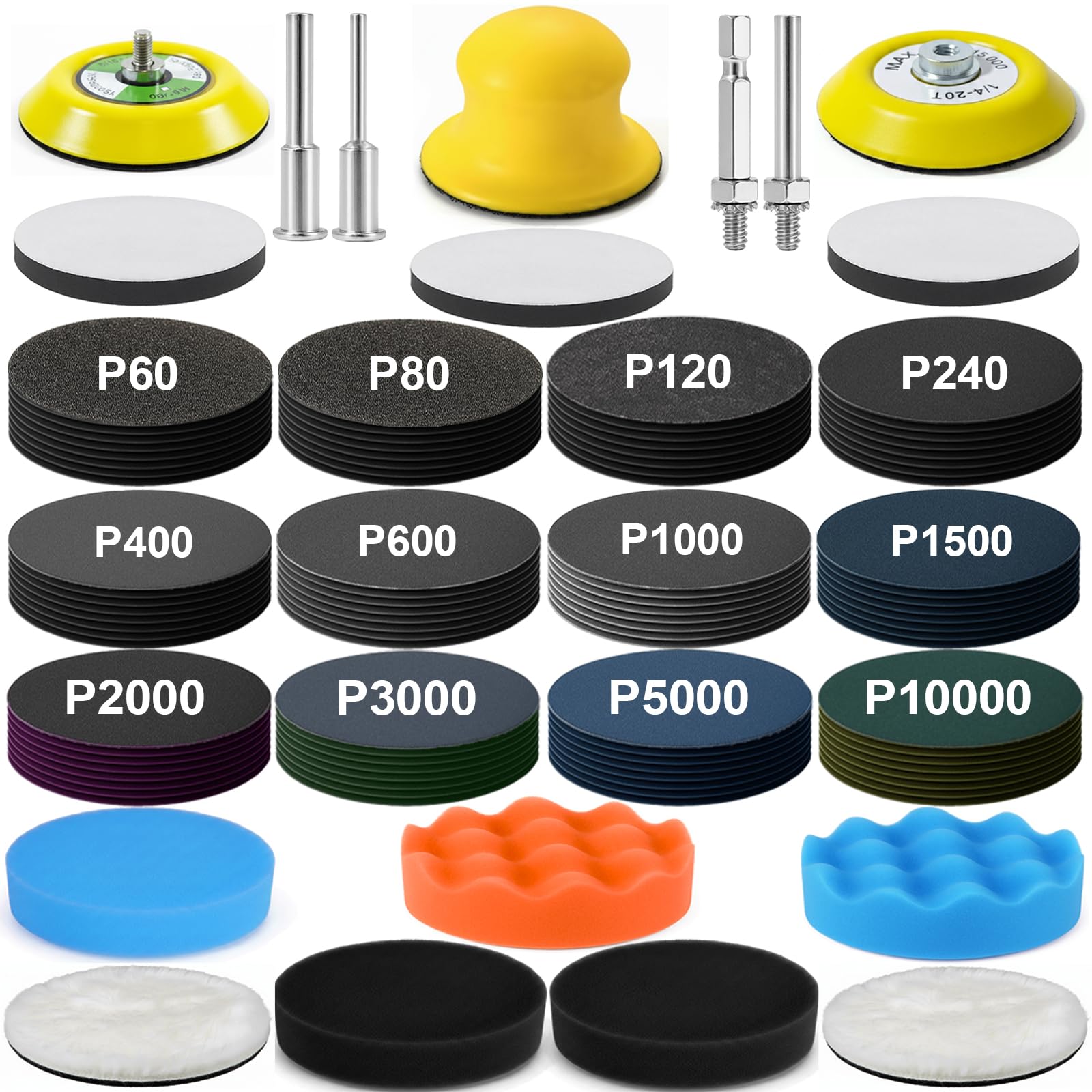 137Pcs 3 Inch Sanding Disc Polishing Kit Headlight Restoration Kit 60-10000 Grit Wet Dry Hook Loop Sandpapers Wool