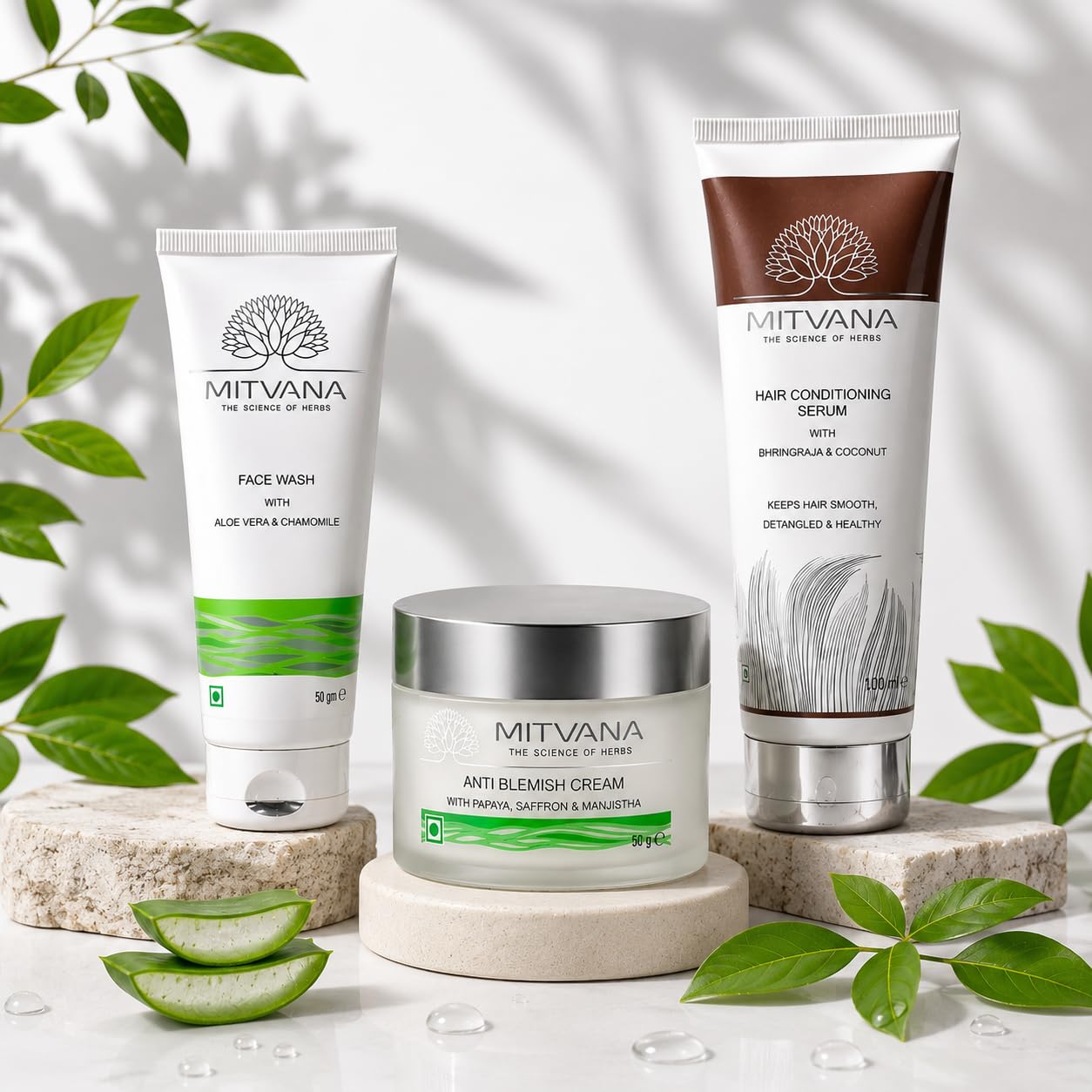 Mitvana Skincare & Hair Care Combo | Aloe Vera Face Wash 100gm + Anti Blemish Cream 50gm + Hair Conditioning Serum 100ml | Hydrating Face Wash, Acne & Blemish Care Cream, Frizz Control Hair Serum | Daily Skin & Hair Care Kit-image-37