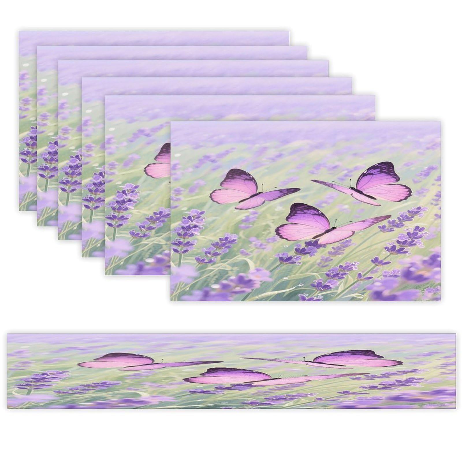 Butterfly Table Runner and Placemats Set of 7 Linen Table Mat Non-Slip Place Mats Washable Placemat Heat Resistant Place Mat with Table Runner for Party Dining Decor