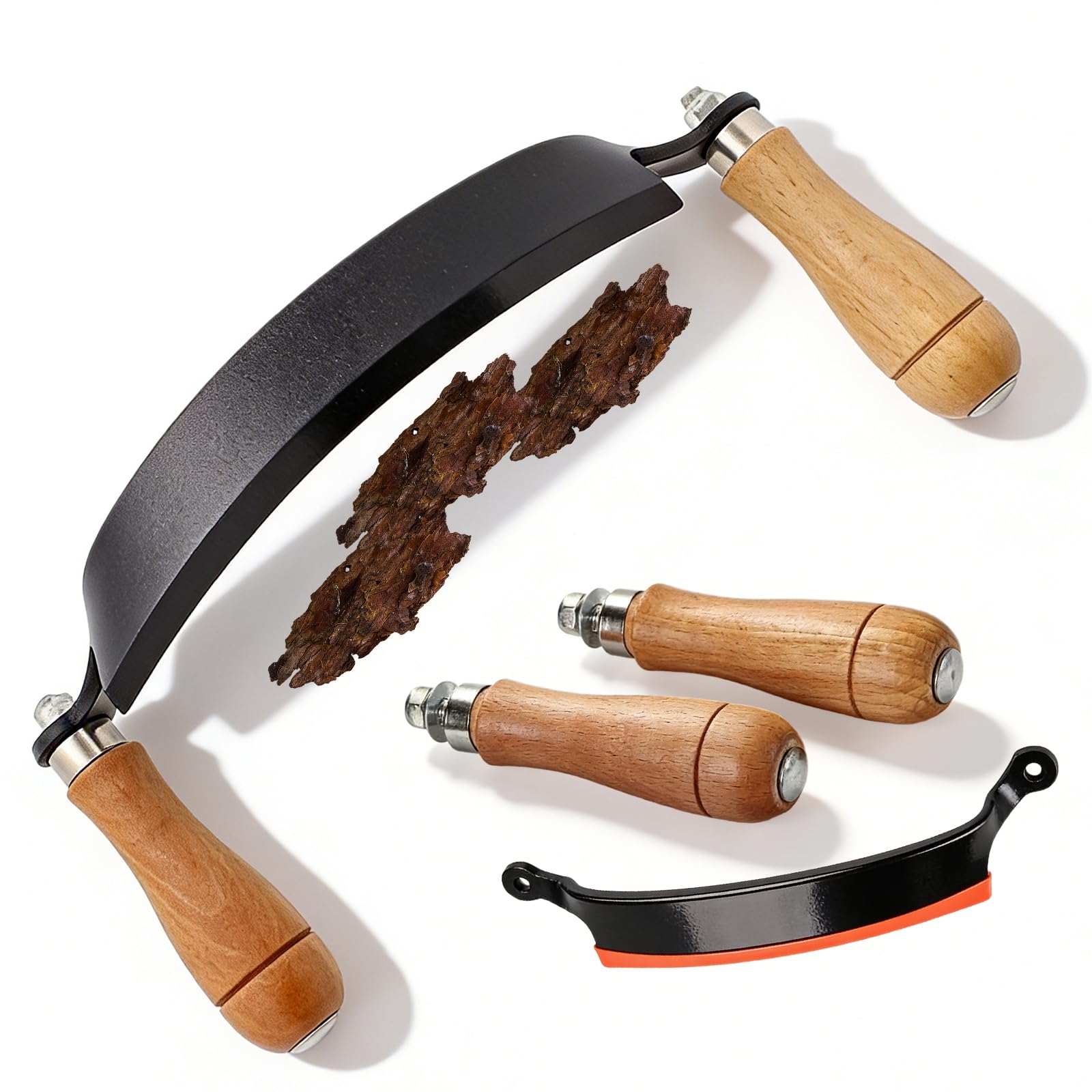 GOMETY Couteau à Écorcer 250mm pour Bois, Couteau de Tirage Courbé avec Poignées en Bois, Incurvé Lame en Acier Durable pour Menuiserie, Charpente et Bûcheronnage