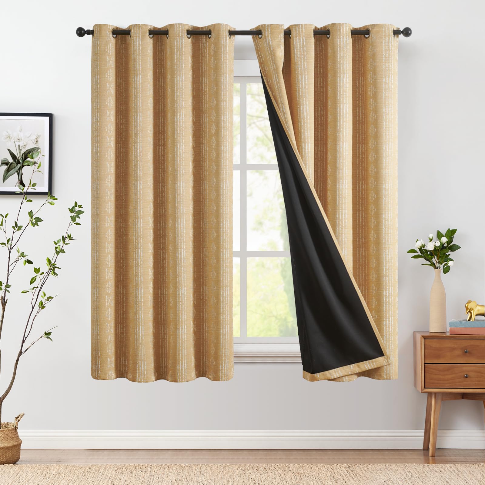 jinchan 95% Blackout Boho Curtains 63 Inch Length for Bedroom Mustard Yellow Geometric Printed Grommet Top Room Darkening Thermal Insulated Window