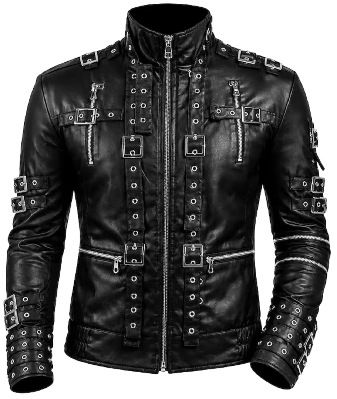 Chaqueta de cuero negra para hombre, diseño de rockero, disfraz de Halloween