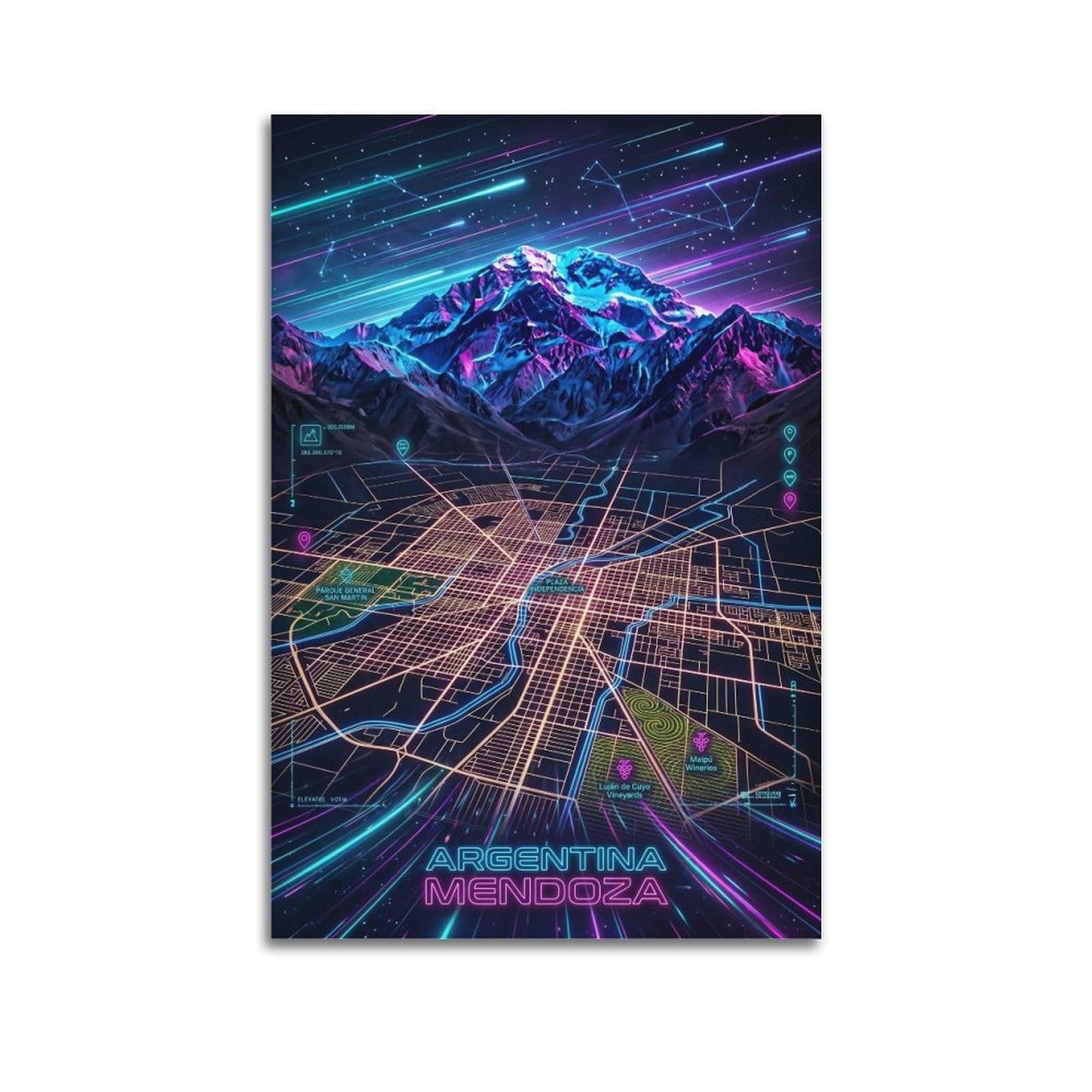 XKUGA Gamer Room Aesthetic Mendoza Argentina Map Poster Modern Decorative Canvas Prints - Ideal Wall Art for Family, Man Cave, Game Room, Boys & Girls Bedroom 24x36inch(60x90cm)