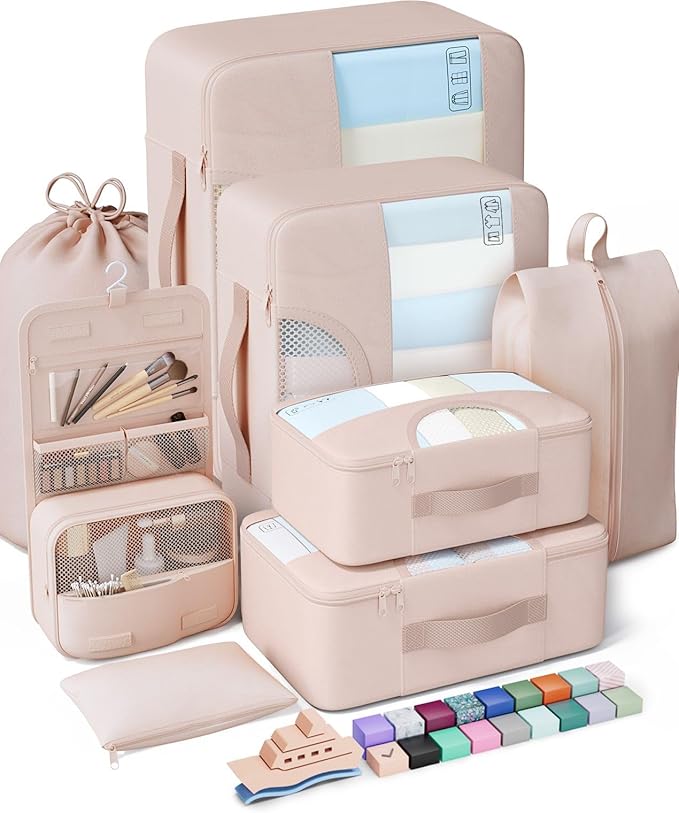 A set of eight cream-colored packing cubes