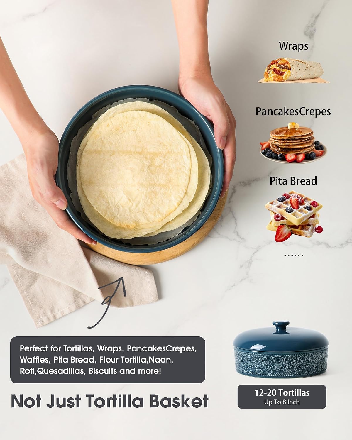 FE Ceramic Tortilla Warmer,Lace Emboss 8.8 Inch Tortilla Holder with Lid for Taco Tuesday, Mexican Night and Party,Taco Bread Pancake,Tortilleros Para Las Tortillas Caliente (Blue)