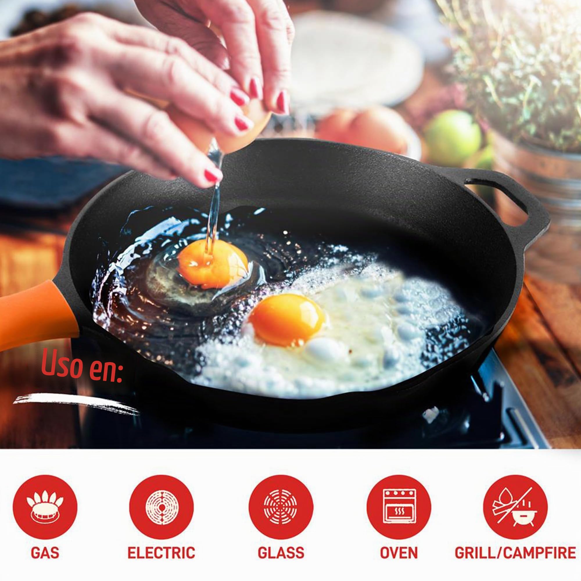 NutriChef Sartenes de Hierro Fundido de 25,4 cm y 30,5 cm- Duraderas, Antiadherentes, Mangos de Silicona, para Horno, Parrilla y Todas Las Placas