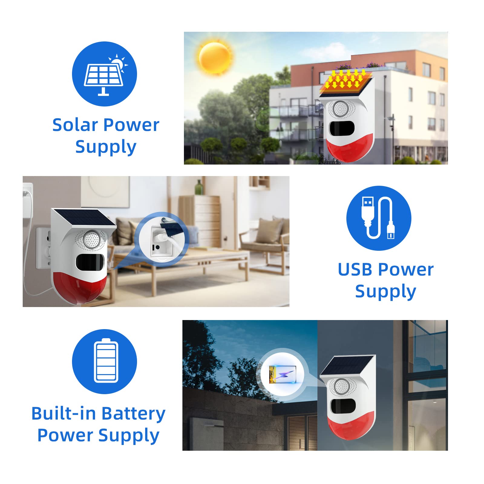maxant - Alarma de luz estroboscópica de sonido solar con detector de movimiento y control remoto, detector de alarma estroboscópica audible de seguridad para el hogar, 120 dB, luz de sirena de