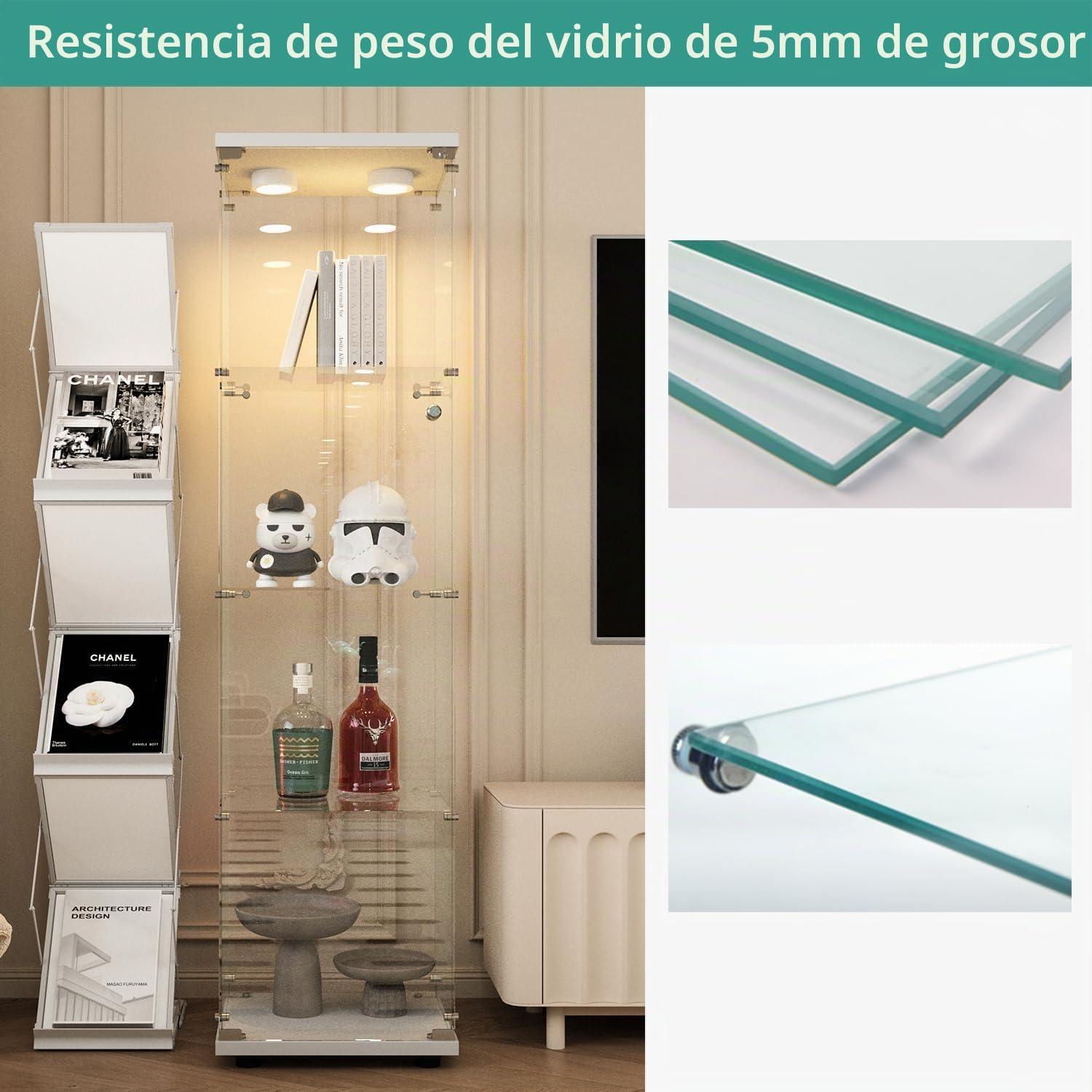 Vitrina de Cristal con LED, Armario para colección con 1 Puerta, 4 estantes, Transparente, gabinete, Vitrina, Cristal, Vitrina, estatuilla, gabinete, Vitrina, salón, Bar (4 Pisos,1 Puerta