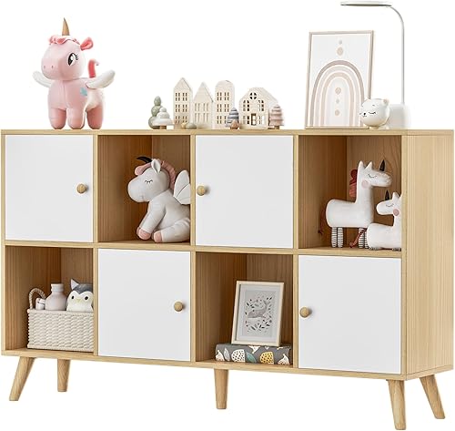 DIYART Organizador de 8 cubos de roble y blanco, estantería de 2 niveles con puertas, estantería de madera con cubículos, armario de almacenamiento