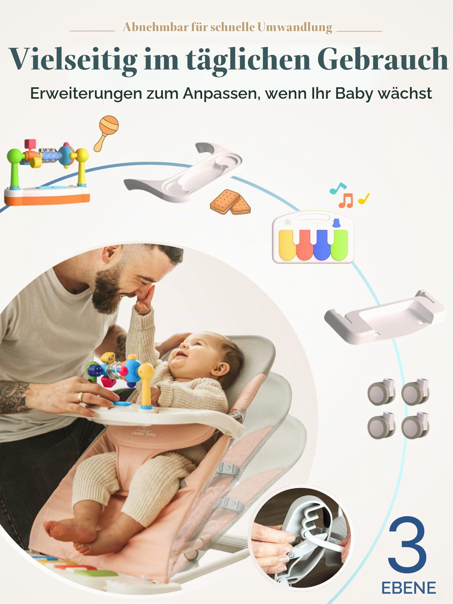 CuddoBaby 4-in-1 Babywippe mit Rädern, abnehmbares Klavier & Futtertablett, 3-stufig verstellbarer klappbarer Sitz mit Spielbügel, geeignet für Babys 0-24 Monate, ideales Babygeschenk - Blau