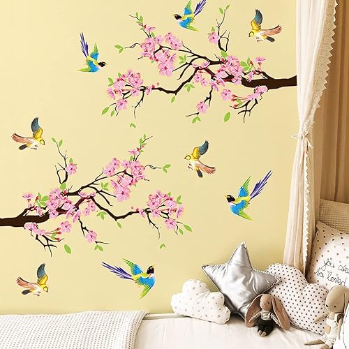 Miniatura 4 de RW-6744 Calcomanías de pared de flor de cerezo rosa, calcomanías de pared de ramas de árbol de flores de durazno, bricolaje, pájaros y flores