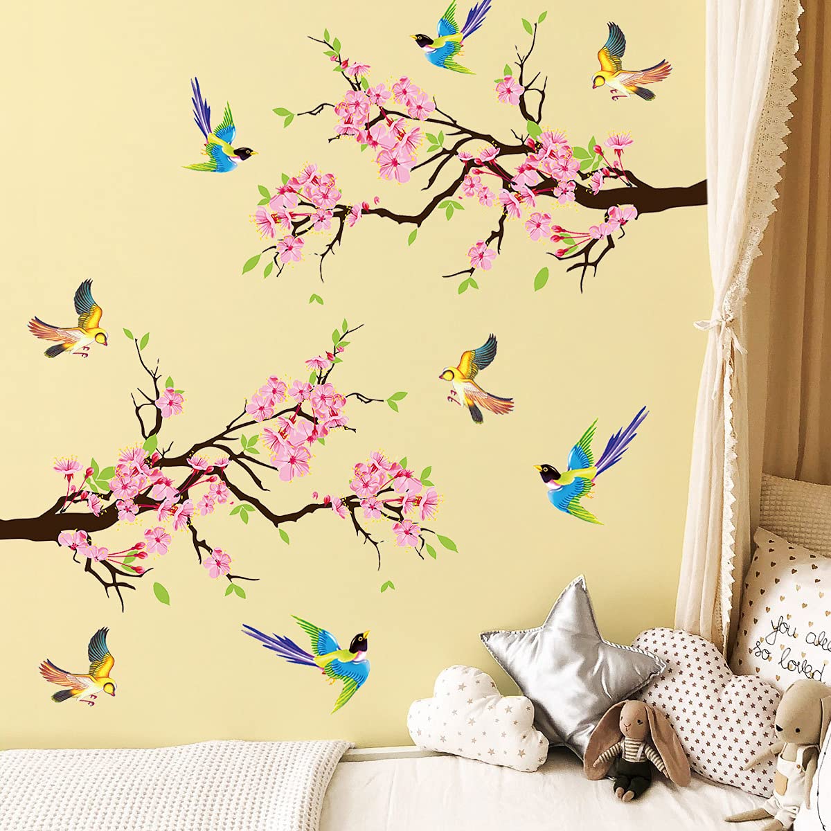 Plum Blossom Birds Butterflies Wall Decal - Removable Nursery Wall Sticker, DIY Home Decor For Kids Room, Living Room, Bedroom, Easy To Apply