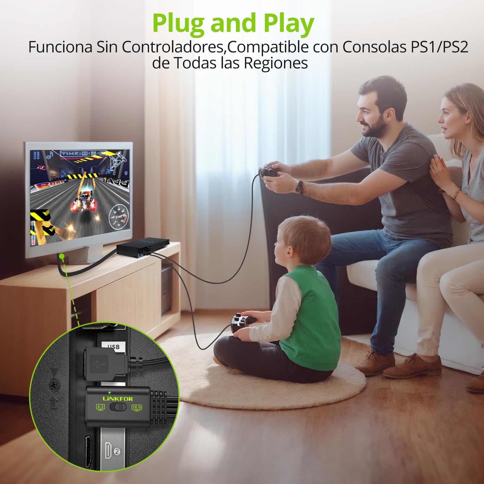 LiNKFOR Convertidor PS2 a HDMI 1080P 60hz,Adaptador HDMI Plug and Play con Conversión 16:9/4:3 para PS1/PS2