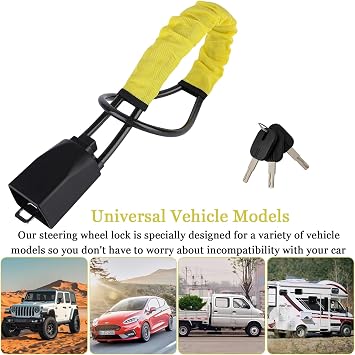 Steering Wheel Lock with 3 Keys,Seat Belt Lock High Visibility Car Locks Cut Resistance Anti-Theft Device Universal Steering Wheel to Seat Belt Locks for Cars SUV Van Golf RVs Cart Truck (Yellow)