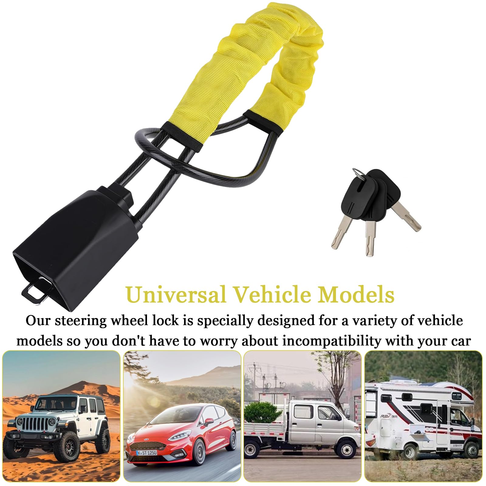 Steering Wheel Lock with 3 Keys,Seat Belt Lock High Visibility Car Locks Cut Resistance Anti-Theft Device Universal Steering Wheel to Seat Belt Locks for Cars SUV Van Golf RVs Cart Truck (Yellow) — view 6