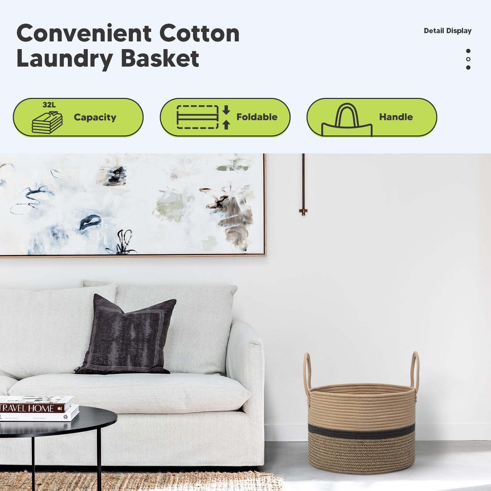 Cestas de Lavandería Tejidas 32L Almacenamiento Canasta Φ40 x H25 CM Cesta para la Ropa Sucia con Asa