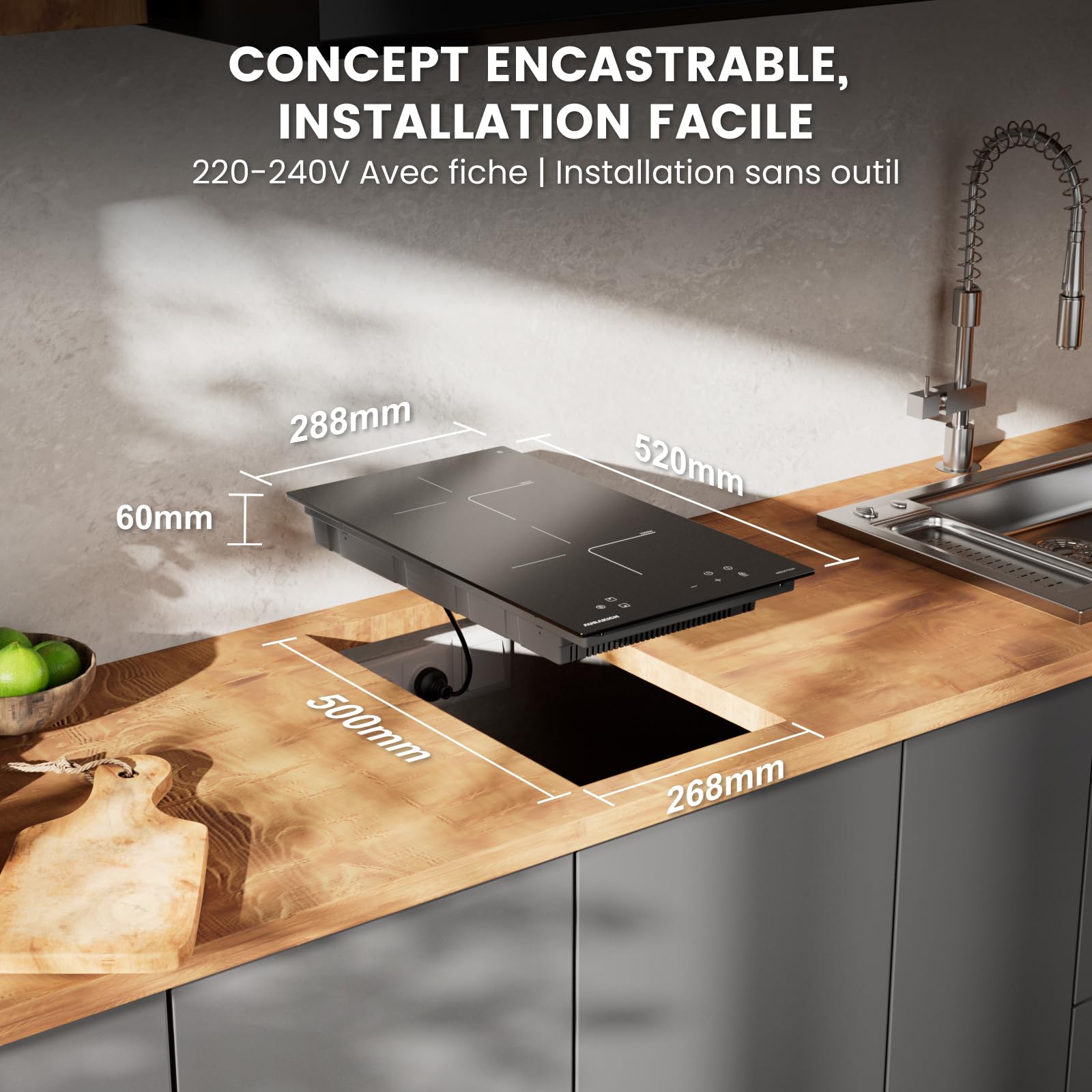 Plaque Induction 2 Feux - Plaque de Cuisson Electrique Encastrable 3800W, Verre Anti-Rayures avec Grattoir, Minuterie 1-99 min, Boost, Sécurité Enfant, 2 Ans Garantie - 3