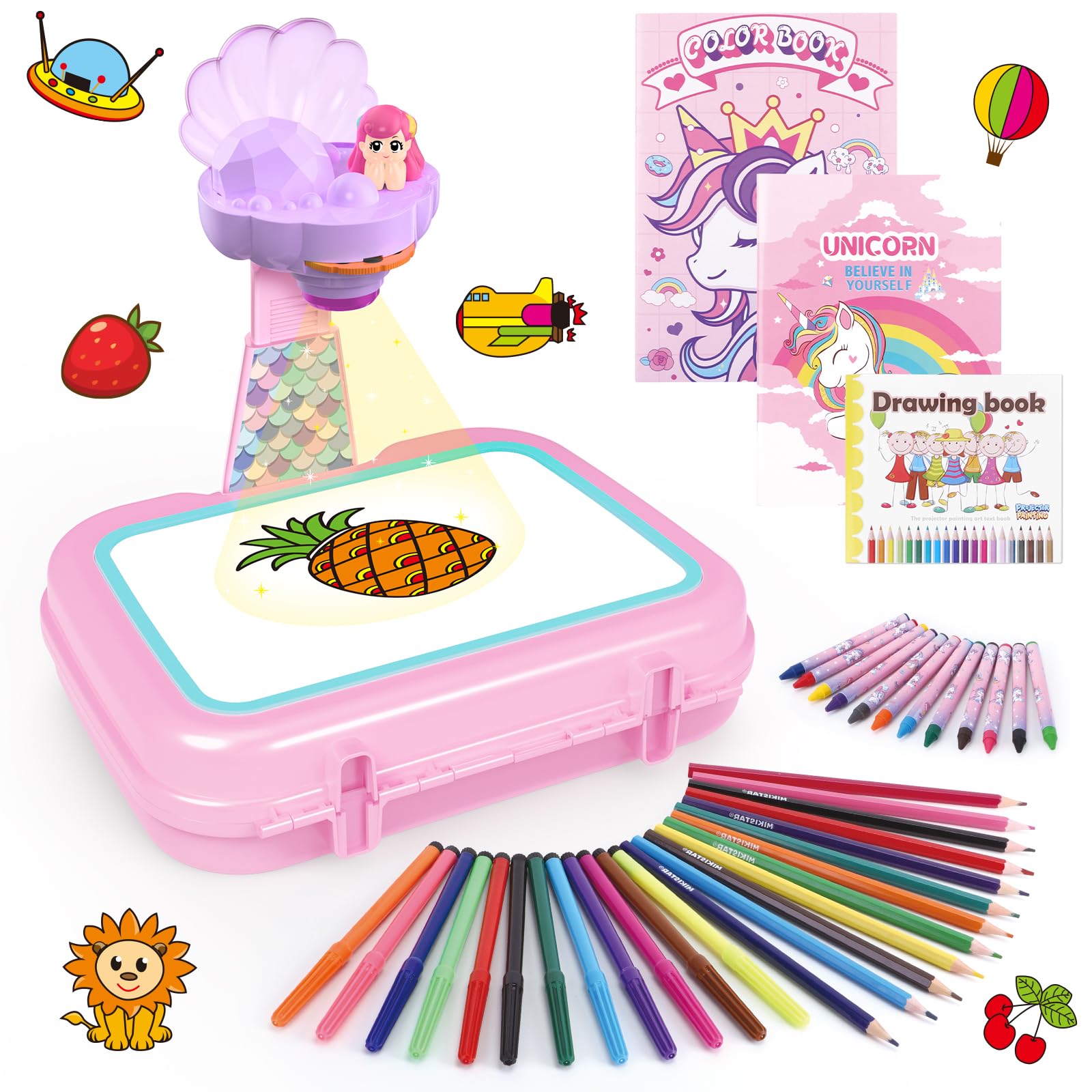 wakeInsa Kids Drawing Projector with Art Supplies - Includes Drawing Board, Crayons & Coloring Book - Mermaid-Themed Art & Craft Toy for Girls Ages 3-