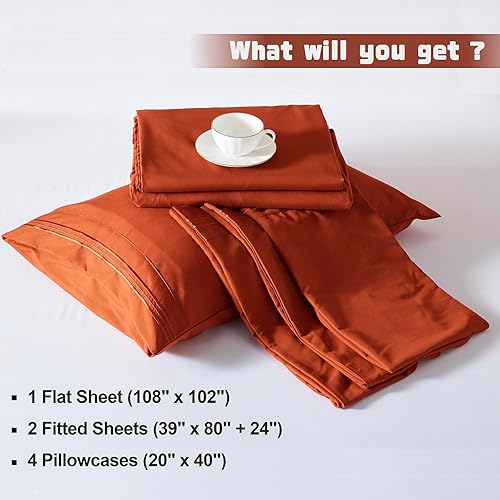 Miniatura 5 de Homiest Juego de sábanas de tamaño King dividido de bolsillo extra profundo, 7 piezas suaves de color naranja quemado de 18 a 24 pulgadas, sábanas